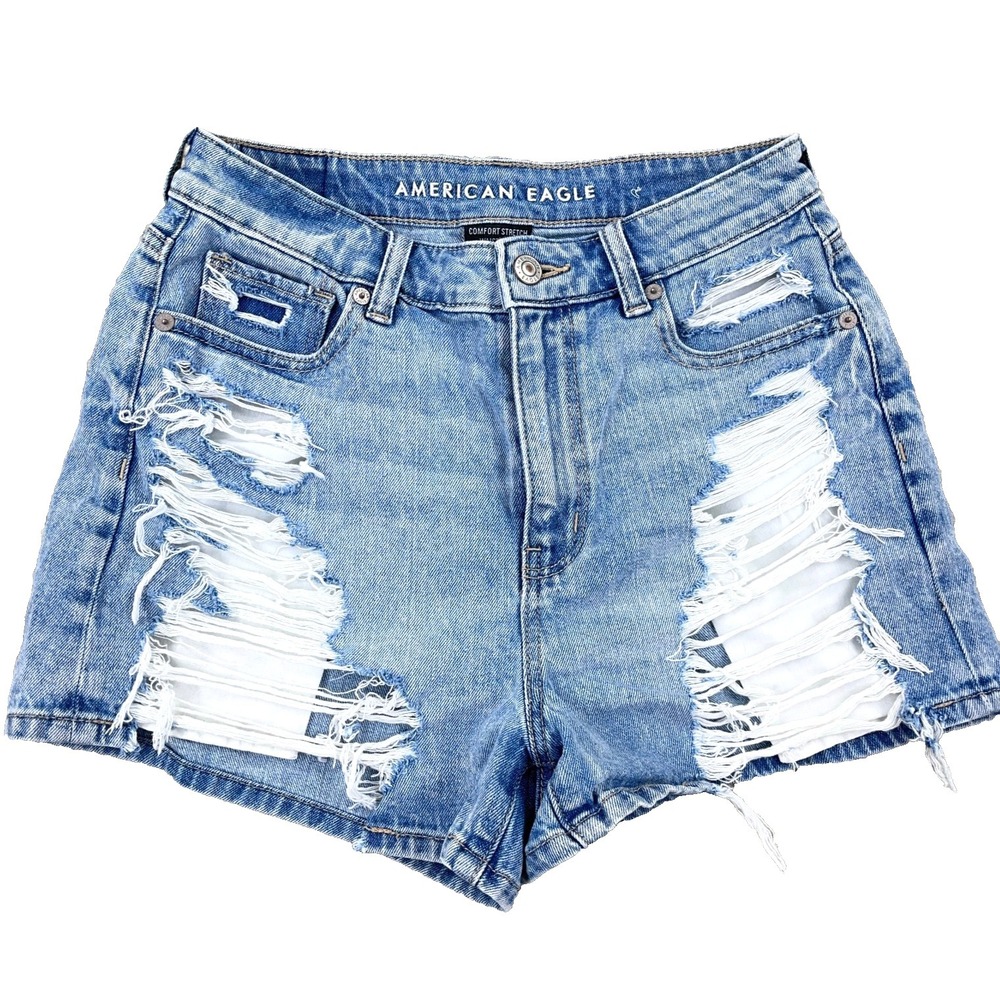 American Eagle Mom Shorts Women 2 High Rise Distressed Med Wash Faded Jorts